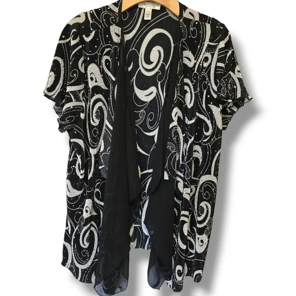 Dressbarn Women's Plus Size black white sequin  short sleeves open front top - Picture 1 of 9